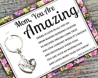 Mom, You Are Amazing! - Thoughtful Birthday Gift - Poem By K. Plunkett - Keychain With Mom Heart Charm