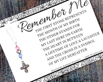 Remember Me Charm - Memorial Gift With Original Poem & Custom Handmade Birthstone Remembrance Charm (Fancy Heart + Matching Cross)