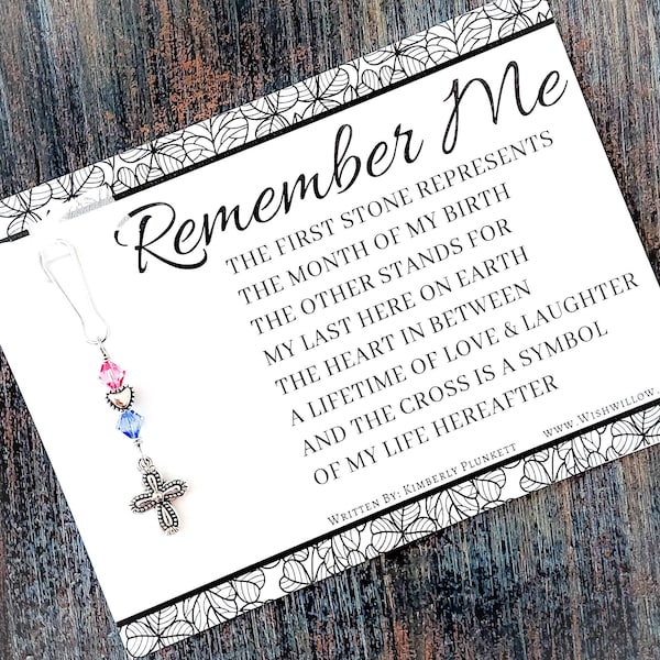 The ORIGINAL Remember Me Charm - Memorial Gift, Poem & Custom Handmade Birthstone Remembrance Charm (Fancy Heart + Matching Cross)