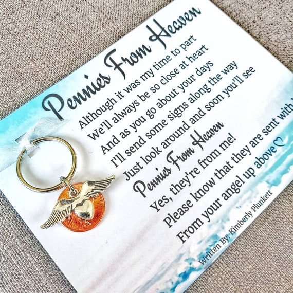 Pennies From Heaven Poem By Kimberly Plunkett - Keychain, Sympathy, Gift, Loss, Grief, Memorial - (LARGE Heart With Wings Charm)