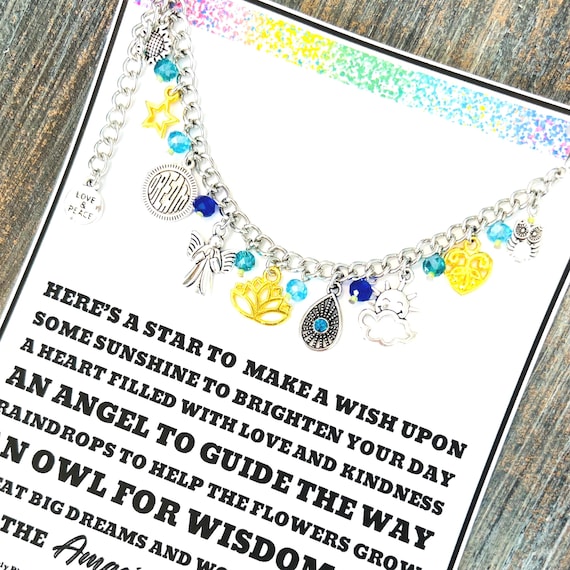 Inspirational Charm Bracelet Gift - Star, Sun, Heart, Angel, Rain, Flower, Owl, Dream Big, Peace, Love - Adjustable Length