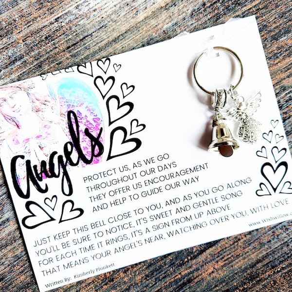 Angels Are Near - Guardian Angel Bell - Keychain With Bell & Filigree Angel Charm - Carded With Original Poem