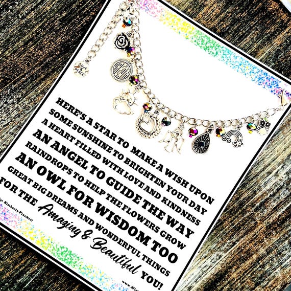Inspirational Charm Bracelet Gift - Star, Sun, Heart, Angel, Rain, Flower, Owl, Dream Big, Peace, Love - Adjustable Length