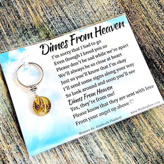 Dimes From Heaven Poem By Kimberly Plunkett - Keychain Gift - Loss, Loved One, Heaven, Angels - Lacey Golden Angel Wing Charm