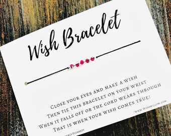 Wish Bracelet - Birthday, Graduation, Friendship, Thank You, Dreams, Wishes - Shiny Silver Coated Bright Pink Glass Beads & Black Cord