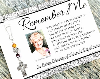 Custom Memorial Gift With Photo - Remember Me Poem & Birthstone Charm (Swirl Heart + Swirl Cross)