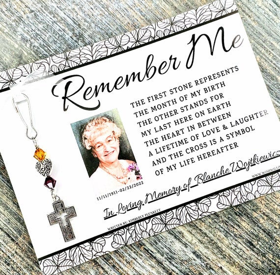 Custom Memorial Gift With Name, Dates, Photo & Charm - ORIGINAL Remember Me Poem By Kimberly Plunkett - (Swirl Heart + Swirl Cross)