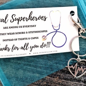 Thank You Gift Nurse, Doctor, Healthcare, Medical Real Heroes Wear Scrubs Poem By K. Plunkett Keychain With Heartbeat Charm image 10