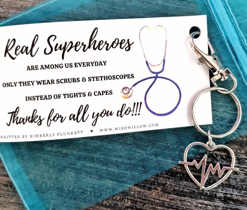 Thank You Gift Nurse, Doctor, Healthcare, Medical Real Heroes Wear Scrubs Poem By K. Plunkett Keychain With Heartbeat Charm image 10