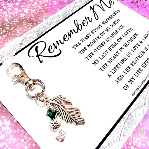 Remember Me Poem By Kimberly Plunkett With Birthstone Remembrance Charm - Sympathy Gift - (Starlight Heart & Feather Charm)