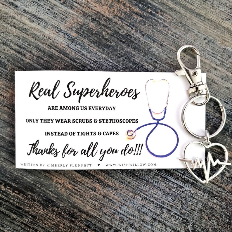 Thank You Gift Nurse, Doctor, Healthcare, Medical Real Heroes Wear Scrubs Poem By K. Plunkett Keychain With Heartbeat Charm image 9