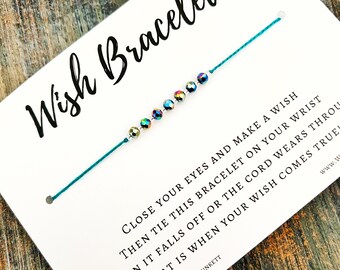 Wish Bracelet - Birthday, Good Luck, Thank You, Friendship, Graduation - Shimmer Rainbow Coated Glass Beads & Teal Cord