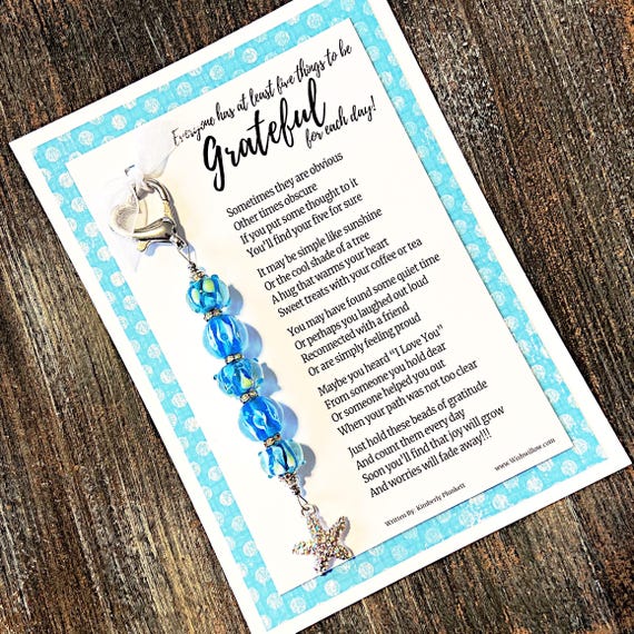 Gratitude Beads - Glimmers, Blessings, Grateful, Blessed, Positive Thinking - (Blue & Green Lampwork Beads - Rhinestone Starfish Charm)