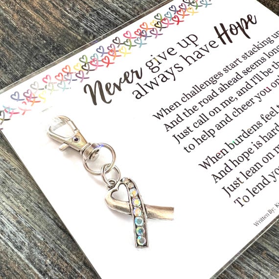 Never Give Up, Always Have Hope Poem By Kimberly Plunkett - Cancer Patient, Survivor - Rhinestone Heart Hope Ribbon Clip / Charm