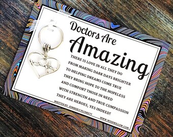 Doctors Are Amazing! - Thank You Gift - Poem By K. Plunkett - Keychain With Stethoscope And Heart Rhythm Line On Heart Charm