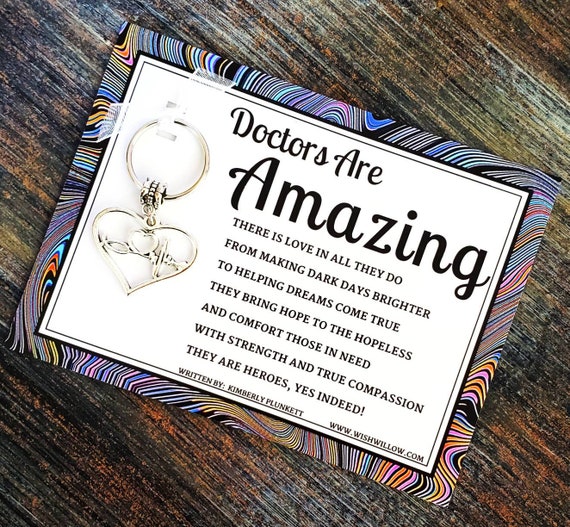 Doctors Are Amazing! - Thank You Gift - Poem By K. Plunkett - Keychain With Stethoscope And Heart Rhythm Line On Heart Charm