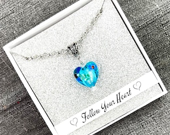 Follow Your Heart - Unique Lampwork Pendant - Adjustable Length Necklace - (Foil Lined Heart - Vibrant Aqua Blue With Floral Accents)