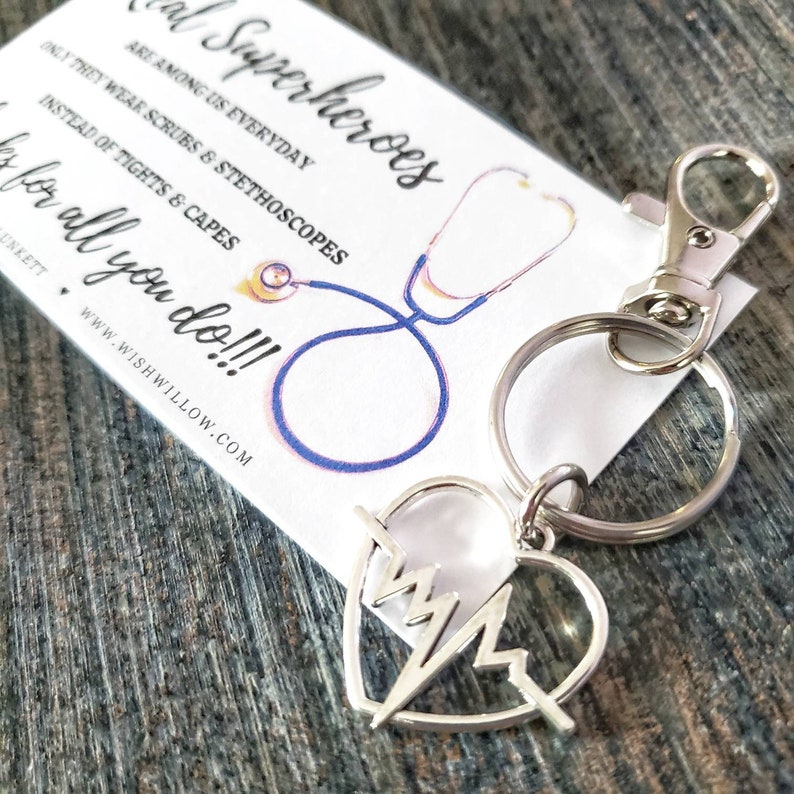 Thank You Gift Nurse, Doctor, Healthcare, Medical Real Heroes Wear Scrubs Poem By K. Plunkett Keychain With Heartbeat Charm image 5