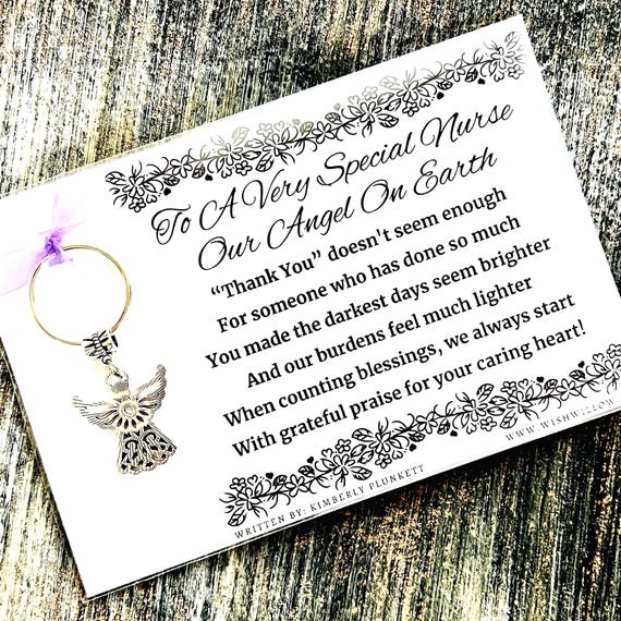 Thank You Gift For A Special  Nurse - Poem By K. Plunkett With A Beautiful Angel Keychain (Shiny Silver Textured Finish)