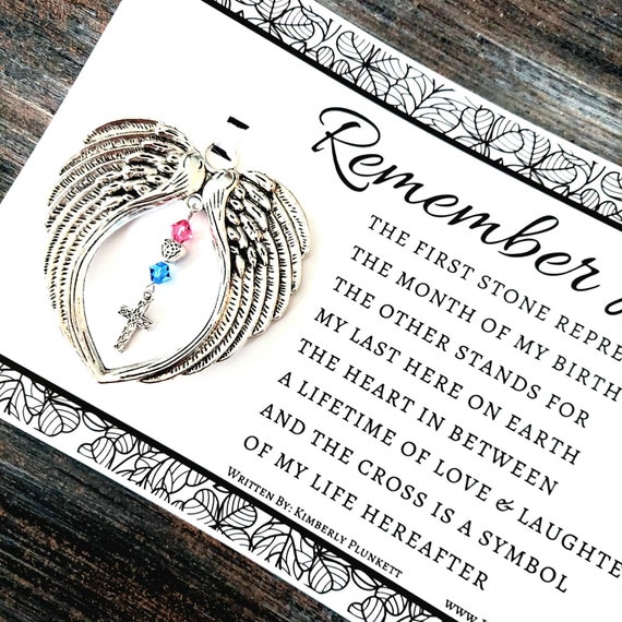 Memorial Ornament - ORIGINAL Remember Me Poem - Angel Wings, Birthstone, Remembrance (Celtic Heart + Coordinating Cross)
