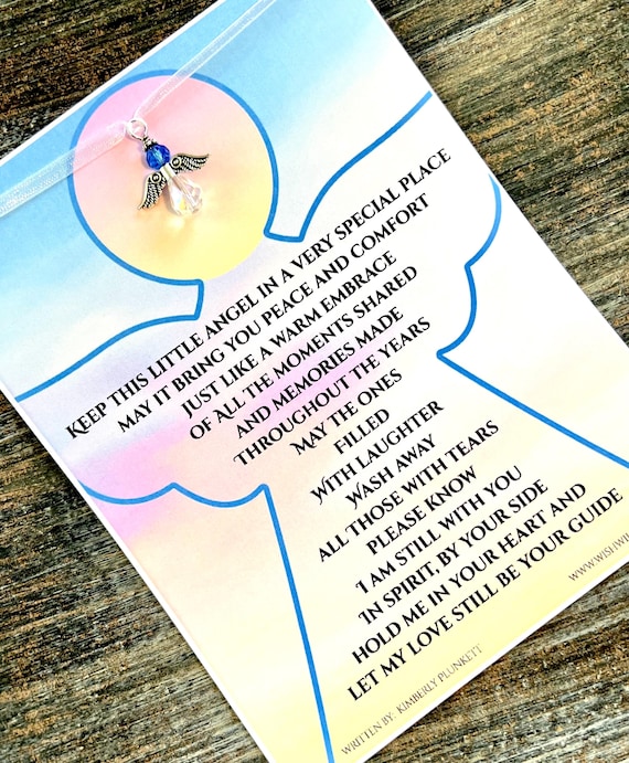 Memorial Gift - Glass Birthstone Angel Charm On Sheer Ribbon - ORIGINAL Poem By K Plunkett - Sympathy, Remembrance, Loss,  Comfort