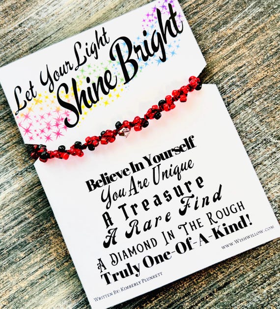 Let Your Light Shine Bright - Inspirational Gift - Hand Knotted Bracelet - (Red And Black Cord With Red And Black Glass Beads)