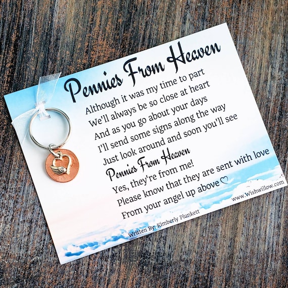 Comforting Gift - Pennies From Heaven Keychain - Message From Heaven, Signs From Above, Guardian Angel - (Open Heart With Angel Wing Charm)