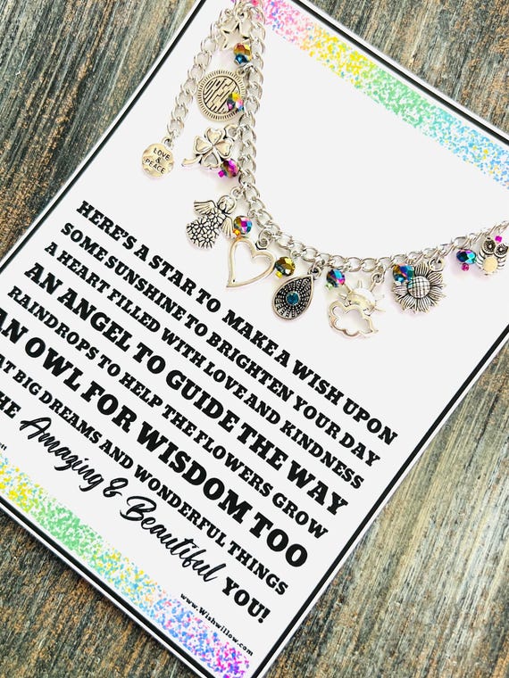 Inspirational Charm Bracelet Gift - Star, Sun, Heart, Angel, Rain, Flower, Owl, Dream Big, Peace, Love - Adjustable Length