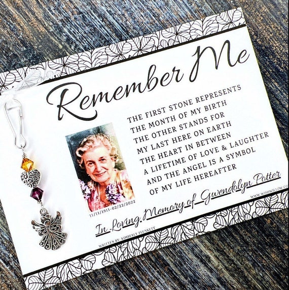 Custom Memorial Gift With Name, Dates, Photo & Charm - ORIGINAL Remember Me Poem By Kimberly Plunkett - (Swirl Heart + Filigree Angel)