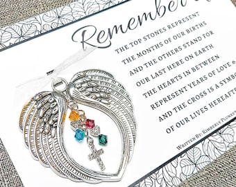 Memorial Ornament - Holiday Gift - Remember Us - Angel Wings With Birthstone Remembrance Charms For Two Loved Ones (Celtic Hearts + Cross)