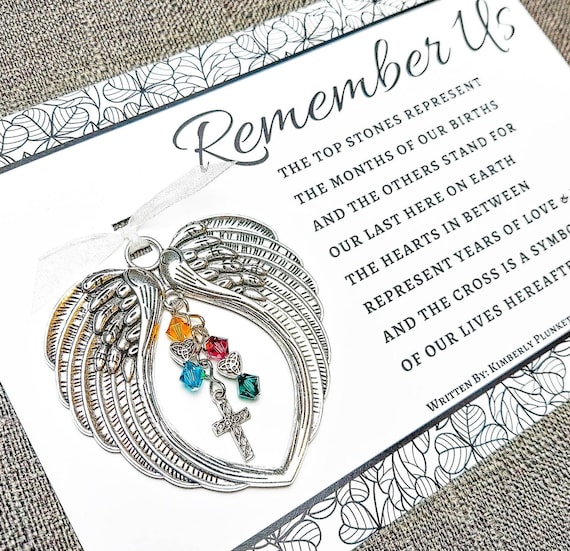 Memorial Ornament - Holiday Gift - Remember Us - Angel Wings With Birthstone Remembrance Charms For Two Loved Ones (Celtic Hearts + Cross)