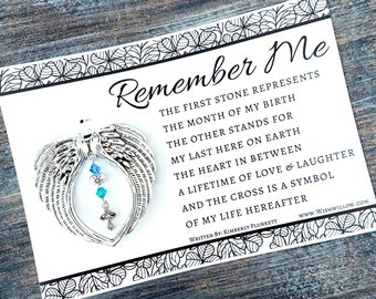 Memorial Ornament - ORIGINAL Remember Me Poem - Angel Wings And Birthstone Remembrance Charm (Starlight Heart + Coordinating Cross)