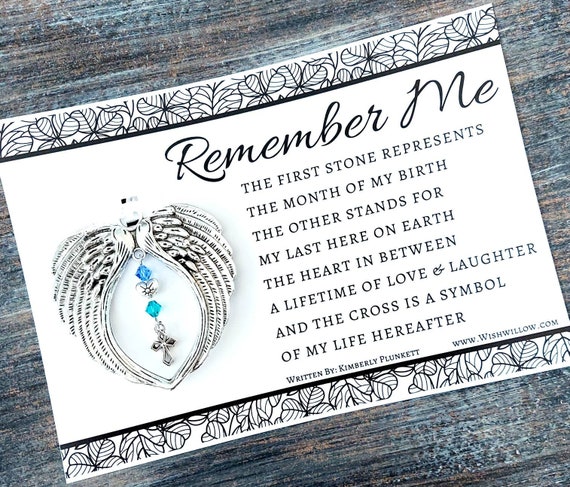 Memorial Ornament - ORIGINAL Remember Me Poem - Angel Wings And Birthstone Remembrance Charm (Starlight Heart + Coordinating Cross)