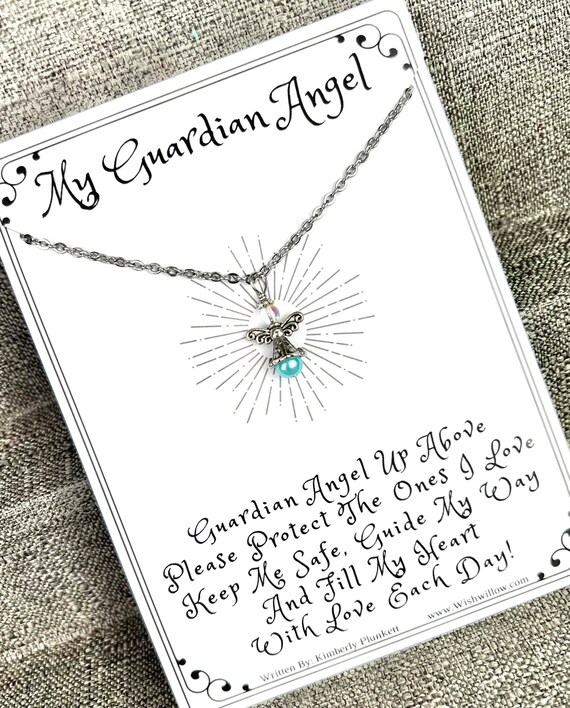 Guardian Angel Necklace - Communion, Confirmation, Religious Gift, Protection, Watch Over Me - 18" Chain - Aqua Pearl Angel