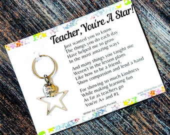 Thank You Gift For A Teacher - #1 Teacher Keychain - Teacher You're A Star Poem - (No. 1 Apple And Large Star Charm)