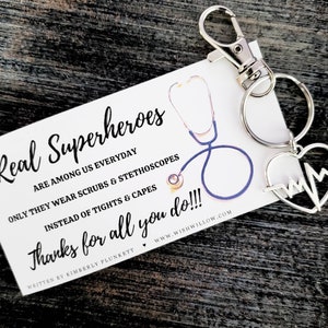 Thank You Gift Nurse, Doctor, Healthcare, Medical Real Heroes Wear Scrubs Poem By K. Plunkett Keychain With Heartbeat Charm image 8