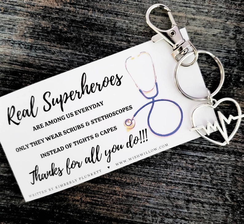 Thank You Gift Nurse, Doctor, Healthcare, Medical Real Heroes Wear Scrubs Poem By K. Plunkett Keychain With Heartbeat Charm image 8