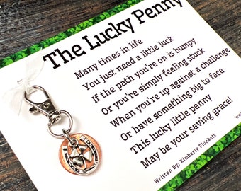 Lucky Penny Gift - Luck, Support, Encouragement, New School, New Job, Graduation, Challenges - Clip With Horseshoe And 4 Leaf Clover