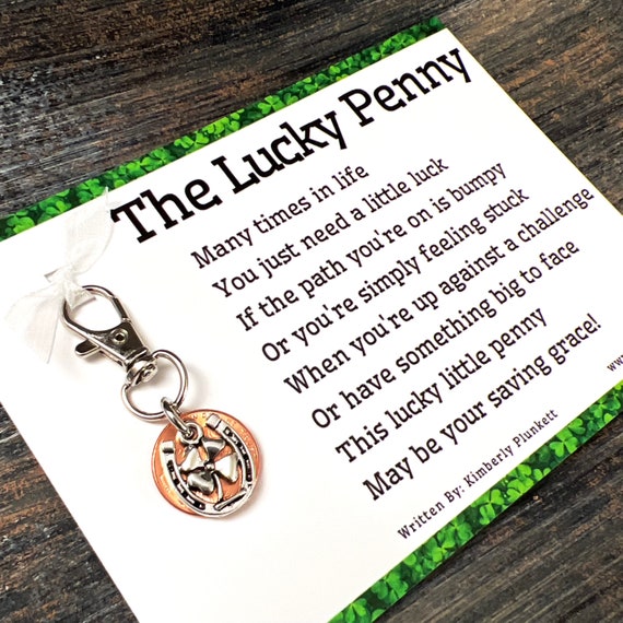 The ORIGINAL Lucky Penny Poem & Gift - Luck, Support, Encouragement, School, Graduation, Challenges - Clip With Horseshoe And 4 Leaf Clover