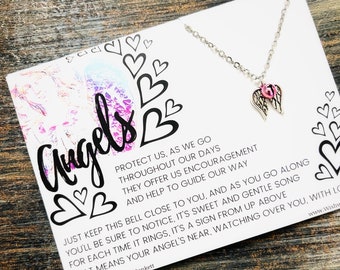 Angels Are Near - Guardian Angel Bell - 18" Necklace - Carded With Original Poem - Pink Bell & Open Wings Charm