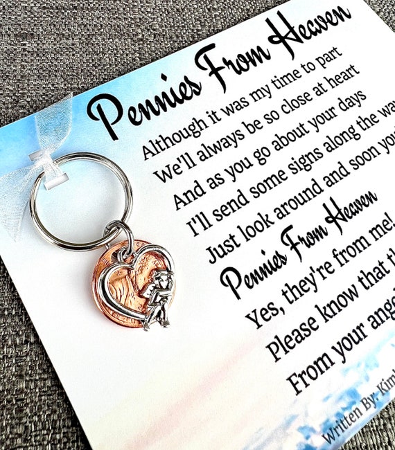 Sympathy Gift - Pennies From Heaven Keychain - Signs From Above, Guardian Angel - (Large Open Heart With Resting Cherub Angel)