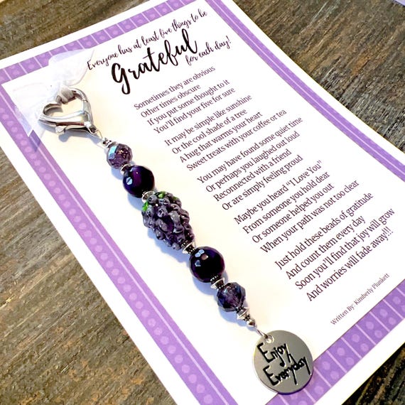 Gratitude Beads - Glimmers, Blessings, Grateful, Blessed, Positive Thinking (Grape, Grapes, Purple, Amethyst Beads - Enjoy Everyday Charm)