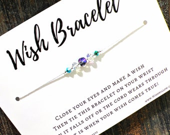 Wish Bracelet - Good Luck, Friendship, Birthday, Thank You, Graduation, Party Favor - (Fire Polish Blue & Purple, Iridescent Crystal)