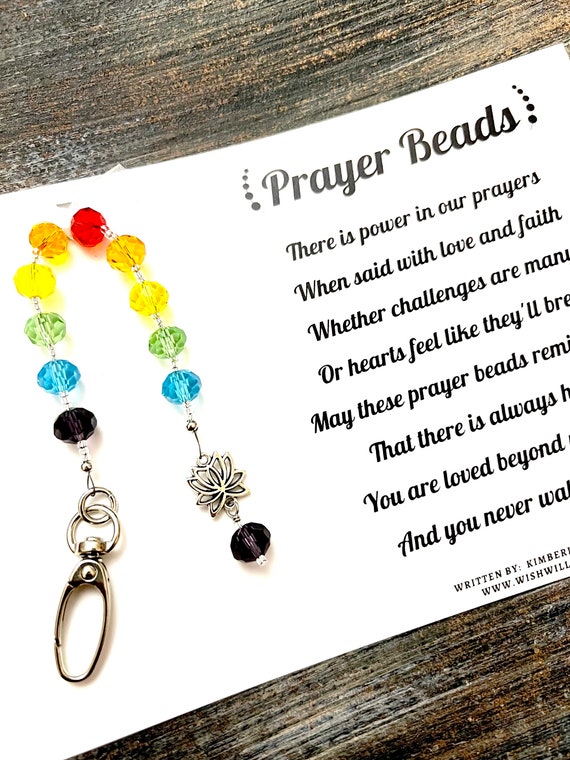 Prayer Beads Gift & Poem - Faith, Hope, Love, Pray, Encourage, Support - Rainbow, Multi Colored, Glass Beads - Lotus Flower Accent