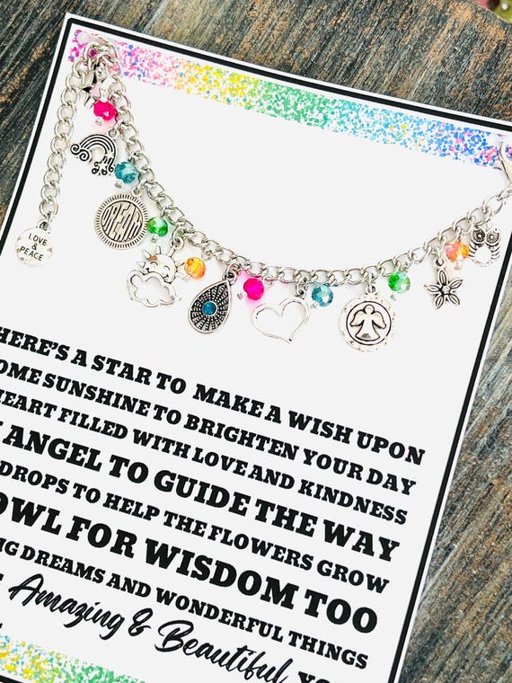 Inspirational Charm Bracelet Gift - Star, Sun, Heart, Angel, Rain, Flower, Owl, Dream Big, Peace, Love - Adjustable Length