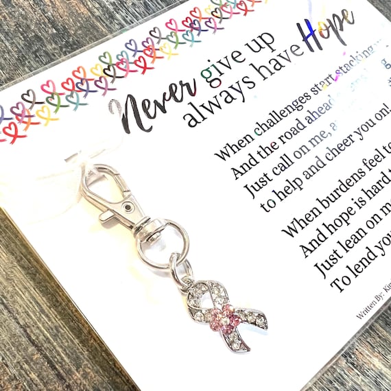 Never Give Up, Always Have Hope Poem By Kimberly Plunkett - Cancer Patient, Survivor - Rhinestone Hope Ribbon Clip /  Charm With Pink Flower