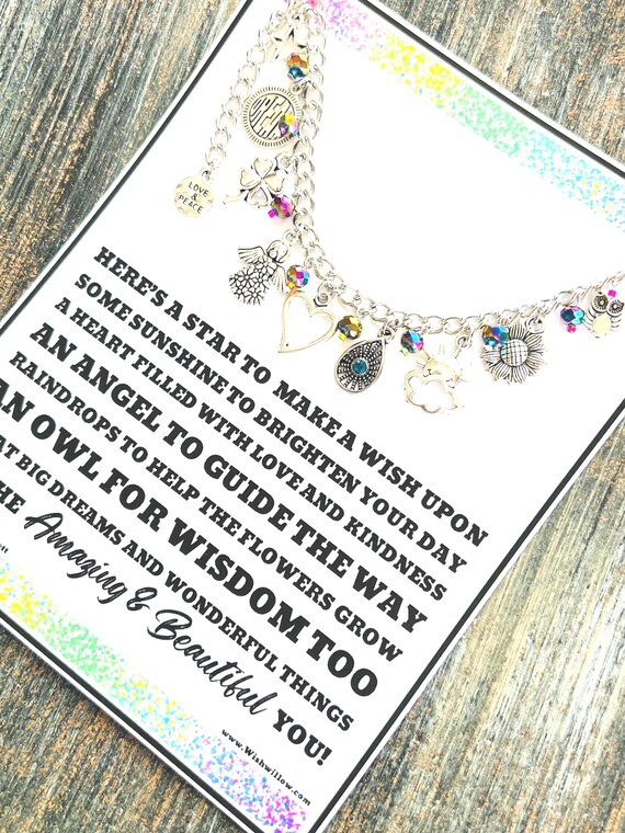 Inspirational Charm Bracelet Gift - Star, Sun, Heart, Angel, Rain, Flower, Owl, Dream Big, Peace, Love - Adjustable Length