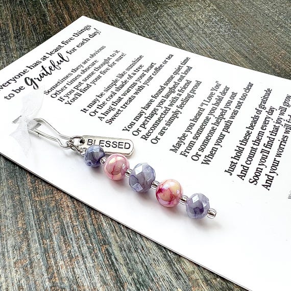The ORIGINAL Mini Gratitude Beads - Gift, Glimmers, Mindfulness, Grateful, Count Your Blessings - (Pink And Purple Beads - Blessed Charm)