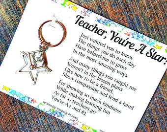 Thank You Gift For Teacher - Keychain With Poem - Large Star, Chalkboard, #1 Teacher, Apple