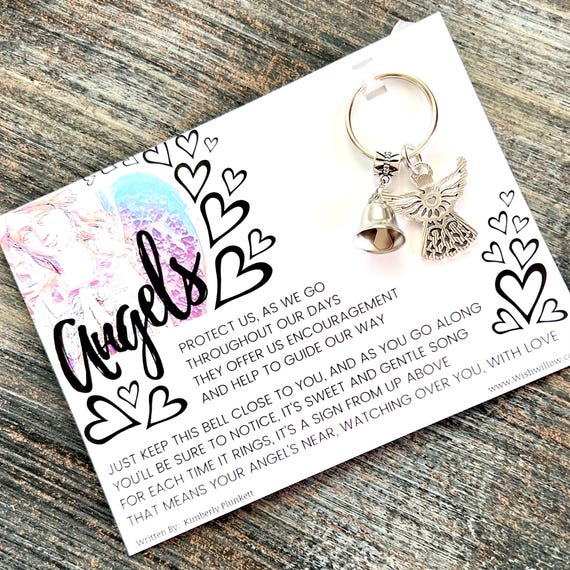 Angels Protect Us - Guardian Angel Bell Keychain - Original Poem By K Plunkett - Dazzling Silver Angel Charm With Liberty Bell